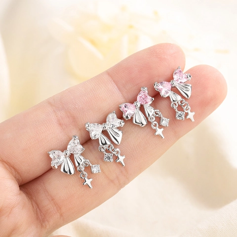 Butterfly Bow Earrings With Zircon Heart Cross Dangle Copper 925 Sterling Silver Earring Post Trendy Women Jewelry