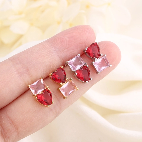 Heart And Rectangle Crystal Stud Earrings Copper Dual Tone Asymmetrical Korean Fashion Jewelry For Women