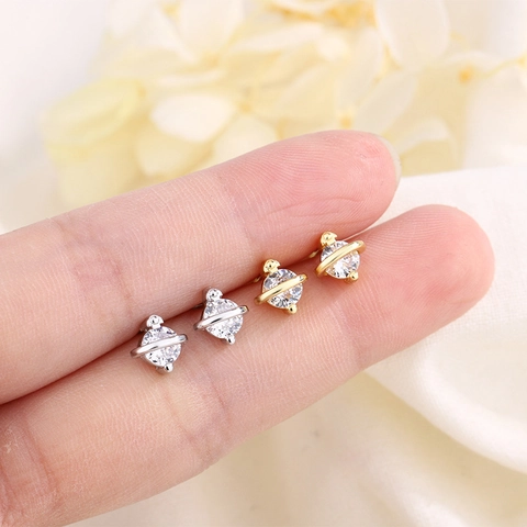 Saturn Planet Stud Earrings Copper Cubic Zirconia Screw Back Clasp Cartilage Piercing Minimalist Jewelry For Women