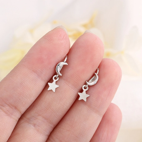 Star Moon Ear Hook Earrings Copper Inlaid Zircon Dainty Minimalist Silver Color Dangle Jewelry For Women