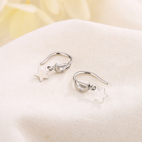 Star Moon Ear Hook Earrings Copper Inlaid Zircon Dainty Minimalist Silver Color Dangle Jewelry For Women