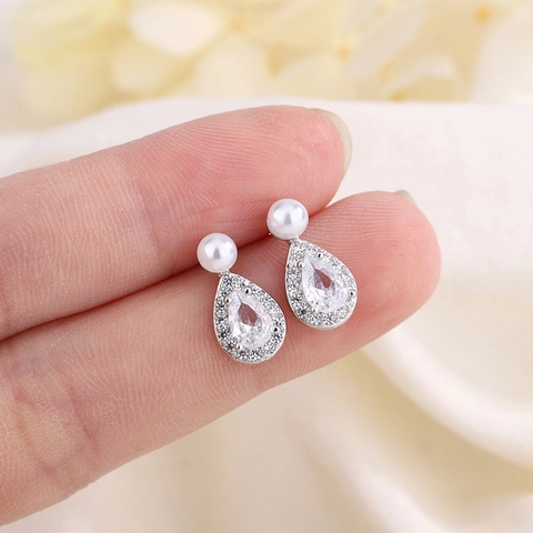 Pendientes De Gota De Agua De Cobre Con Perla Artificial Y Circonita Elegantes Forma De Pera Para Mujer Boda