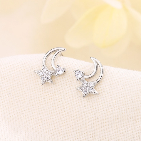 Orecchini A Lobo Stella E Luna Rame Intarsiato Con Zircone Perno In Argento Piccolo Elegante Per Donna