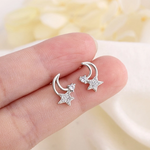 Orecchini A Lobo Stella E Luna Rame Intarsiato Con Zircone Perno In Argento Piccolo Elegante Per Donna