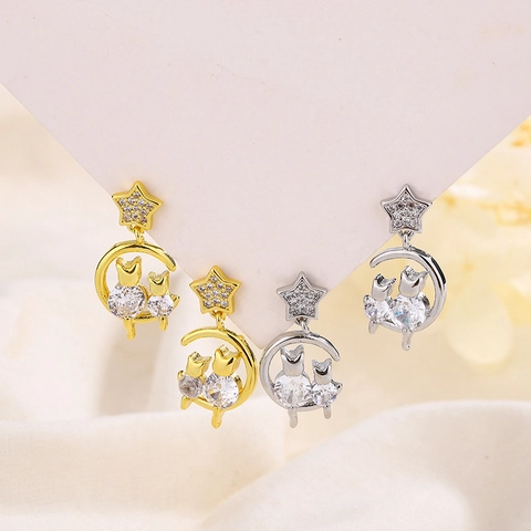 Star Moon Cat Dangle Earrings Copper Cubic Zirconia With 925 Sterling Silver Earring Post Sweet Jewelry For Women