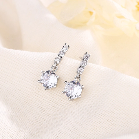 Elegant Round Zircon Drop Earrings Copper Silver Plated Minimalist Clear Rhinestone Jewelry For Women