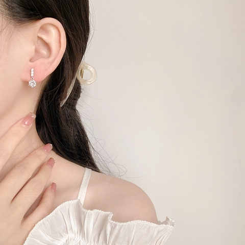 Elegant Round Zircon Drop Earrings Copper Silver Plated Minimalist Clear Rhinestone Jewelry For Women