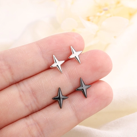 Minimalist Four Point Star Stud Earrings Copper Small Dainty Geometric Ear Jewelry For Women Men Black Silver Color