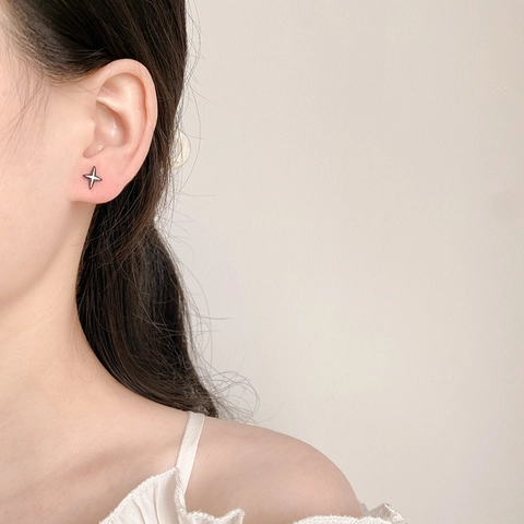 Minimalist Four Point Star Stud Earrings Copper Small Dainty Geometric Ear Jewelry For Women Men Black Silver Color