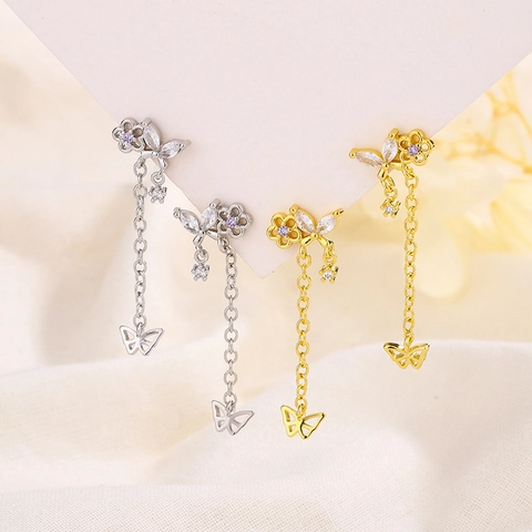 Pendientes Borla Flor Mariposa Cobre Circón Cadena Larga Joyería Elegante Para Mujer Estilo Dulce De Nicho