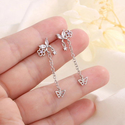 Pendientes Borla Flor Mariposa Cobre Circón Cadena Larga Joyería Elegante Para Mujer Estilo Dulce De Nicho