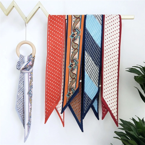 Women Pleated Long Satin Scarf Paisley Polka Dot Print Skinny Twilly Hair Tie Bag Handle Wrap Decorative Neck Scarf