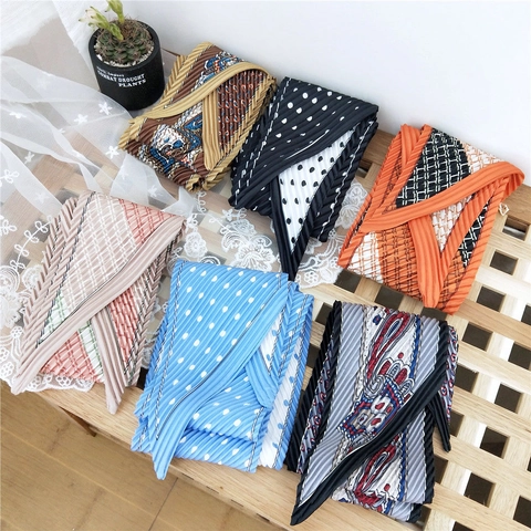 Women Pleated Long Satin Scarf Paisley Polka Dot Print Skinny Twilly Hair Tie Bag Handle Wrap Decorative Neck Scarf