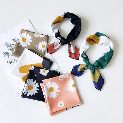Square Scarf Women Polyester Satin Floral Daisy Pattern Neckerchief Hair Band Head Wrap Fashion Accessory