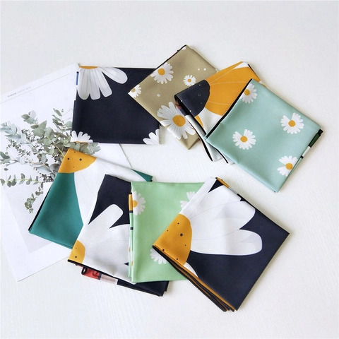 Square Scarf Women Polyester Satin Floral Daisy Pattern Neckerchief Hair Band Head Wrap Fashion Accessory