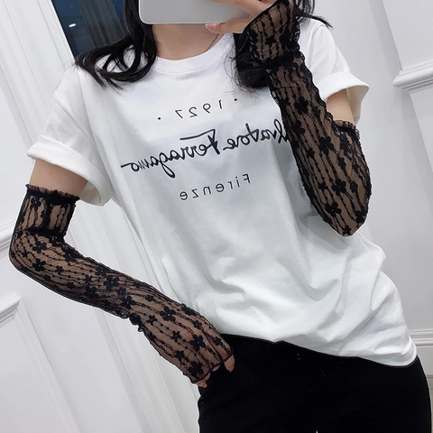 Mangas De Encaje Para Mujer Protección Solar Floral Elegante Guantes Largos Sin Dedos Con Decoración De Volantes