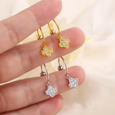 Vierblättriges Kleeblatt Zirkonia Hängeohrringe Kupfer Mit 925 Sterlingsilber Stift Eleganter Schraubverschluss Damen Schmuck