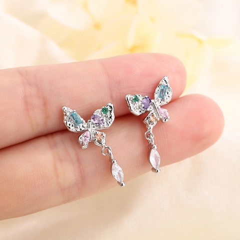 Pendientes Colgantes De Mariposa Circonita Cúbica Multicolor Cristal Marquesa Con Poste De Plata De Ley 925