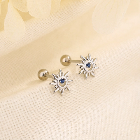 Sun Stud Earrings Copper Blue Zircon With 925 Sterling Silver Earring Post Screw Ball Back Cartilage Jewelry Women