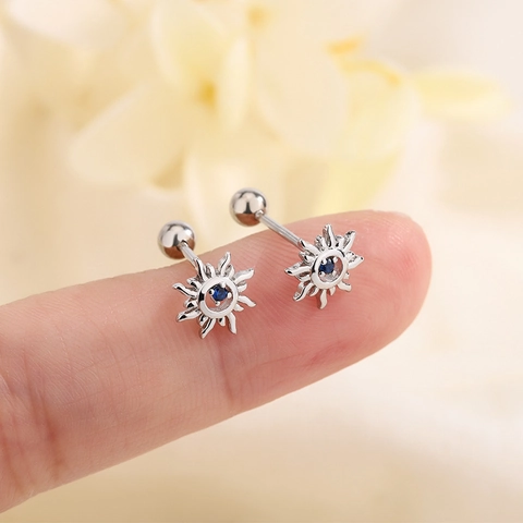 Sun Stud Earrings Copper Blue Zircon With 925 Sterling Silver Earring Post Screw Ball Back Cartilage Jewelry Women