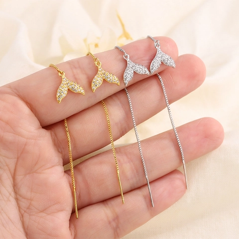Pendientes De Cadena Cola De Pez Cobre Circonita Cadena Larga Borla Joyería Elegante Para Mujer Estilo Ballena