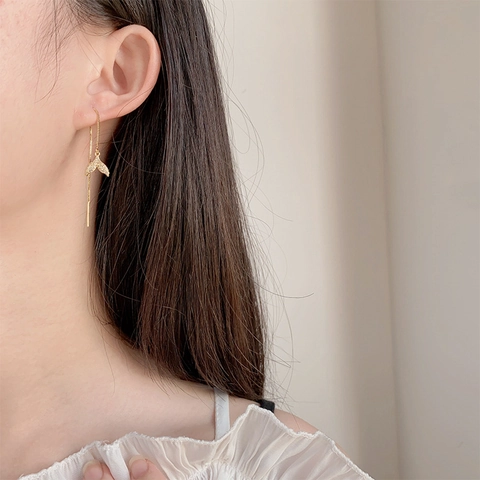 Pendientes De Cadena Cola De Pez Cobre Circonita Cadena Larga Borla Joyería Elegante Para Mujer Estilo Ballena