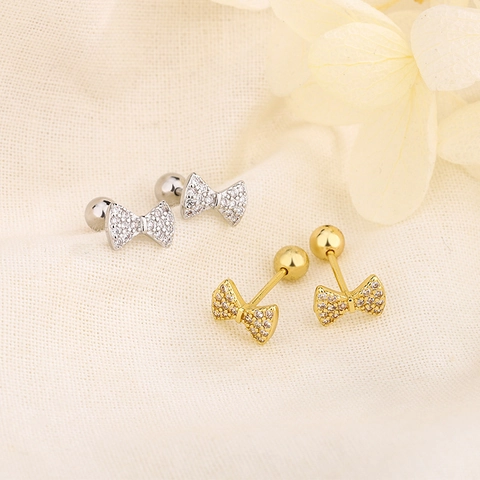 Copper Zircon Bow Stud Earrings With Screw Ball Back Delicate Dainty Bowknot Jewelry For Women Girls Elegant