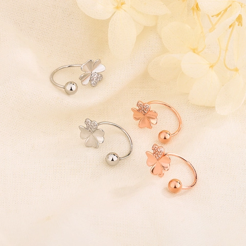 Four Leaf Clover Earrings Copper Zircon Inlaid Screw Back Twist Clasp C Shaped Elegant Jewelry Women