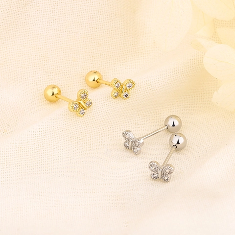 Butterfly Stud Earrings Copper Cubic Zirconia Screw Back Dainty Ear Bone Studs Minimalist Jewelry Women