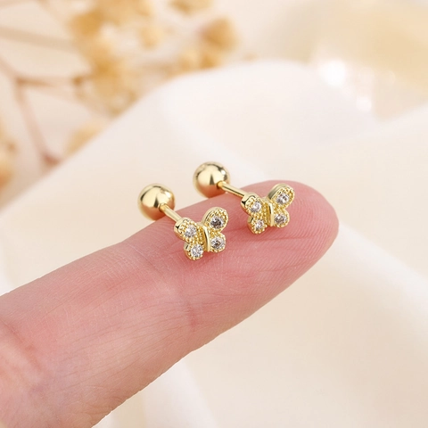 Butterfly Stud Earrings Copper Cubic Zirconia Screw Back Dainty Ear Bone Studs Minimalist Jewelry Women