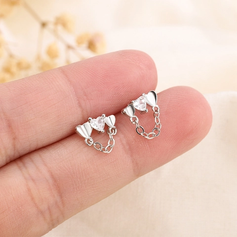 Heart Drop Earrings Copper With Zirconia And Silver Earring Post Tassel Chain Elegant Sweet Jewelry For Women Gift