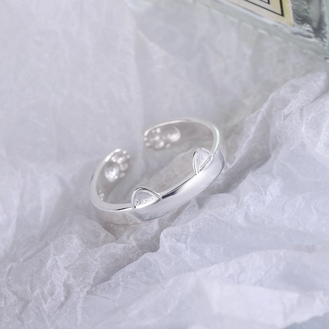 Cute Cat Ear Ring Adjustable Animal Paw Print Copper Silver Plated Fashion Accessory Women