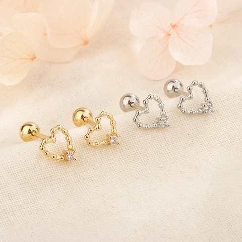 Boucles D'oreilles Puces Coeur Évidé Zircon Cuivre Avec Tige En Argent Sterling 925 Fermoir À Vis Style Français Mignon Mini