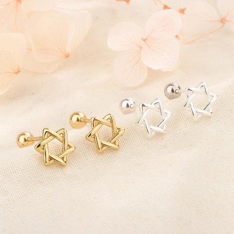 Hollow Hexagram Star Stud Earrings With Copper Screw Ball Backing Geometric Minimalist Jewelry For Women