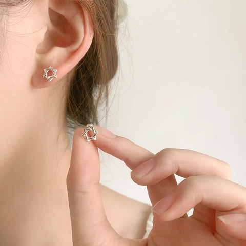 Hollow Hexagram Star Stud Earrings With Copper Screw Ball Backing Geometric Minimalist Jewelry For Women