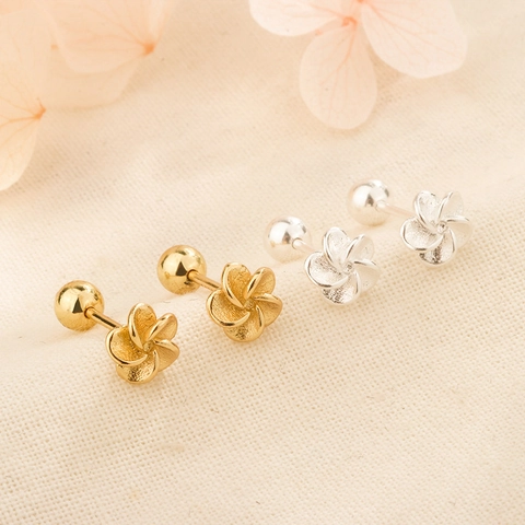 Plumeria Flower Stud Earrings Copper Matte Finish Screw Back Ball Secure Comfortable Sleeping Accessory Minimalist Style Women
