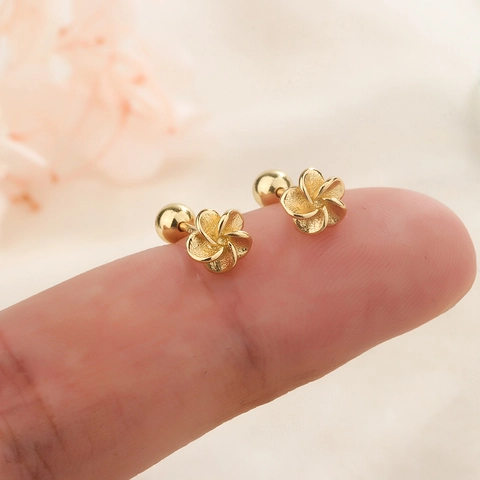 Plumeria Flower Stud Earrings Copper Matte Finish Screw Back Ball Secure Comfortable Sleeping Accessory Minimalist Style Women