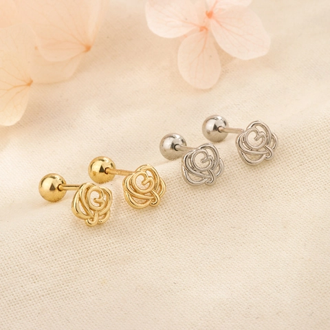 Hollow Rose Flower Stud Earrings Copper Gold Plated Minimalist Screw Back Ball Closure Jewelry For Women