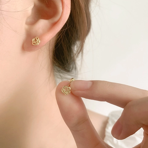 Hollow Rose Flower Stud Earrings Copper Gold Plated Minimalist Screw Back Ball Closure Jewelry For Women