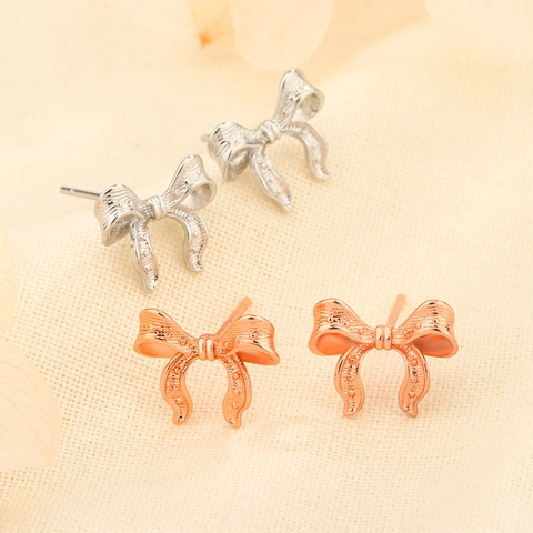 Elegant Bowknot Stud Earrings With Copper Earring Post Metal Bow Design Textured Minimalist Jewelry Accessory