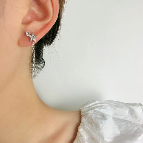 Asymmetrical Star Moon Tassel Drop Earrings Copper With Shiny Zircon Long Chain Dangle Jewelry For Women Silver Color