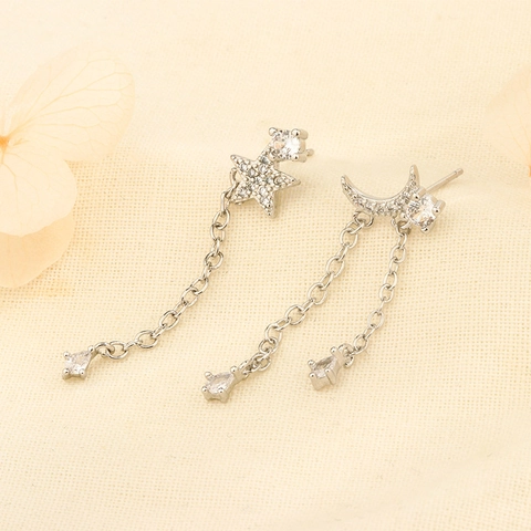 Asymmetrical Star Moon Tassel Drop Earrings Copper With Shiny Zircon Long Chain Dangle Jewelry For Women Silver Color