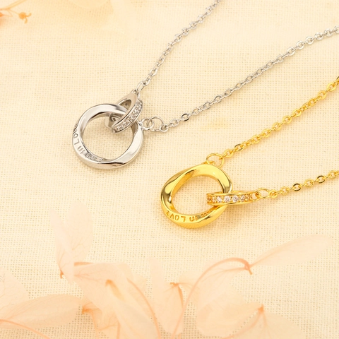 Double Interlocking Mobius Ring Necklace Copper With Zircon Engraved Fall In Love Minimalist Romantic Jewelry For Women