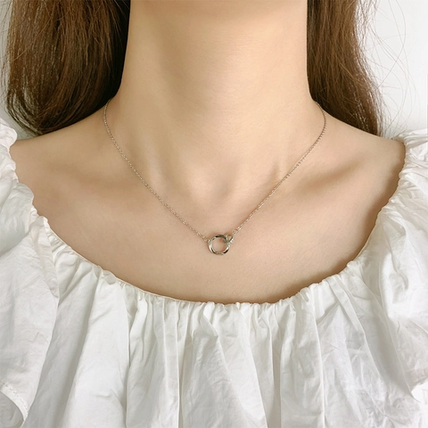 Double Interlocking Mobius Ring Necklace Copper With Zircon Engraved Fall In Love Minimalist Romantic Jewelry For Women