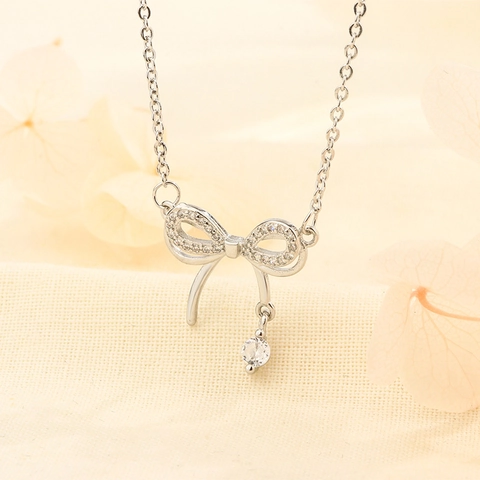 Strikje Hanger Ketting Koper Verzilverd Cubic Zirconia Elegante Sleutelbeen Ketting Voor Vrouwen Sieraden Cadeau