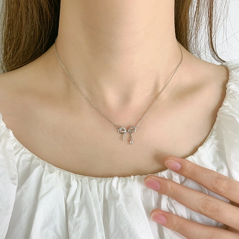 Strikje Hanger Ketting Koper Verzilverd Cubic Zirconia Elegante Sleutelbeen Ketting Voor Vrouwen Sieraden Cadeau