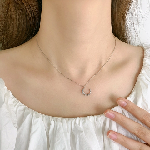 Collar Con Colgante De Luna Cobre Con Circonita Elegante Cadena De Clavícula Joyería Delicada Para Mujeres Diario Color Plata