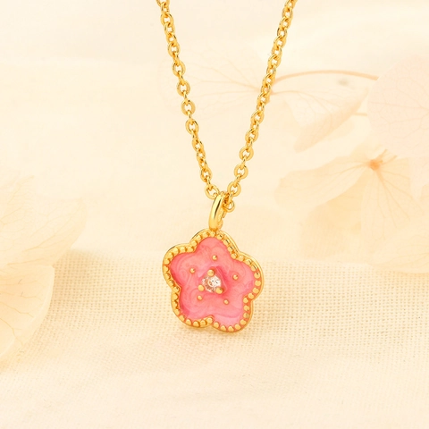 Kerssenbloesem Hanger Ketting Koper Roze Emaille Bloem Zirkoon Sleutelbeen Ketting Zoete Romantische Sieraden Voor Dames
