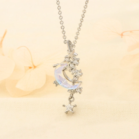 Collana Con Pendente Luna E Stella Rame Con Zircone Opale Sintetico Elegante Catena Da Clavicola Gioielli Moda Per Donna