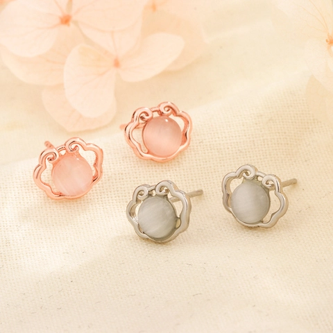 Vintage Ruyi Longevity Lock Stud Earrings With Cat Eye Stone Alloy Copper Jewelry And Silver Earring Post For Women